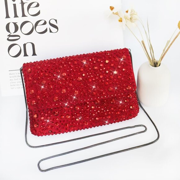 ⚡ Women's Sparkling Red Evening Rhinestone Shoulder Chain Crystal Clutch Bag - Picture 2 of 6